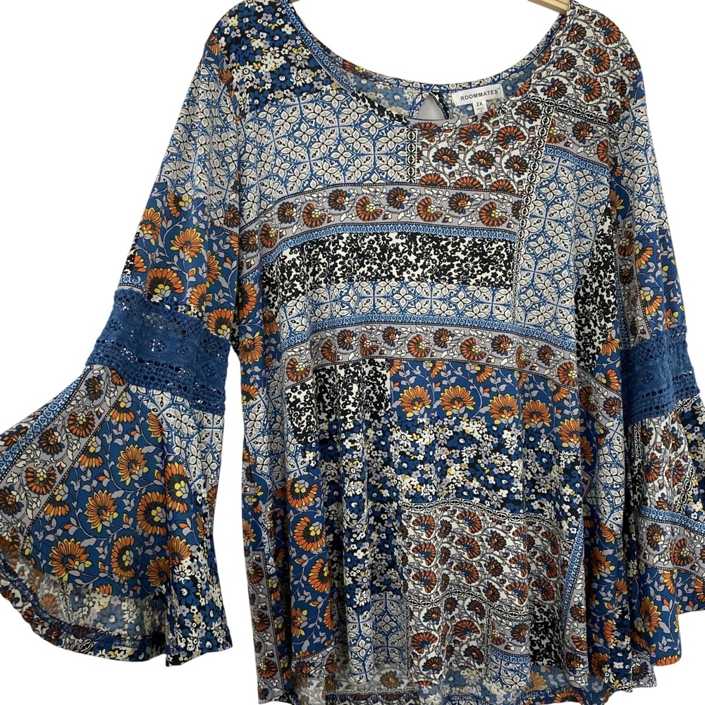 Roommates Boho Patchwork Floral Blouse Women 2x B… - image 1